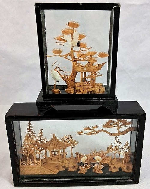 2 Chinese Scene 3D Hand Carved Cork Dioramas Black Lacqured Wood & Glass Cases
