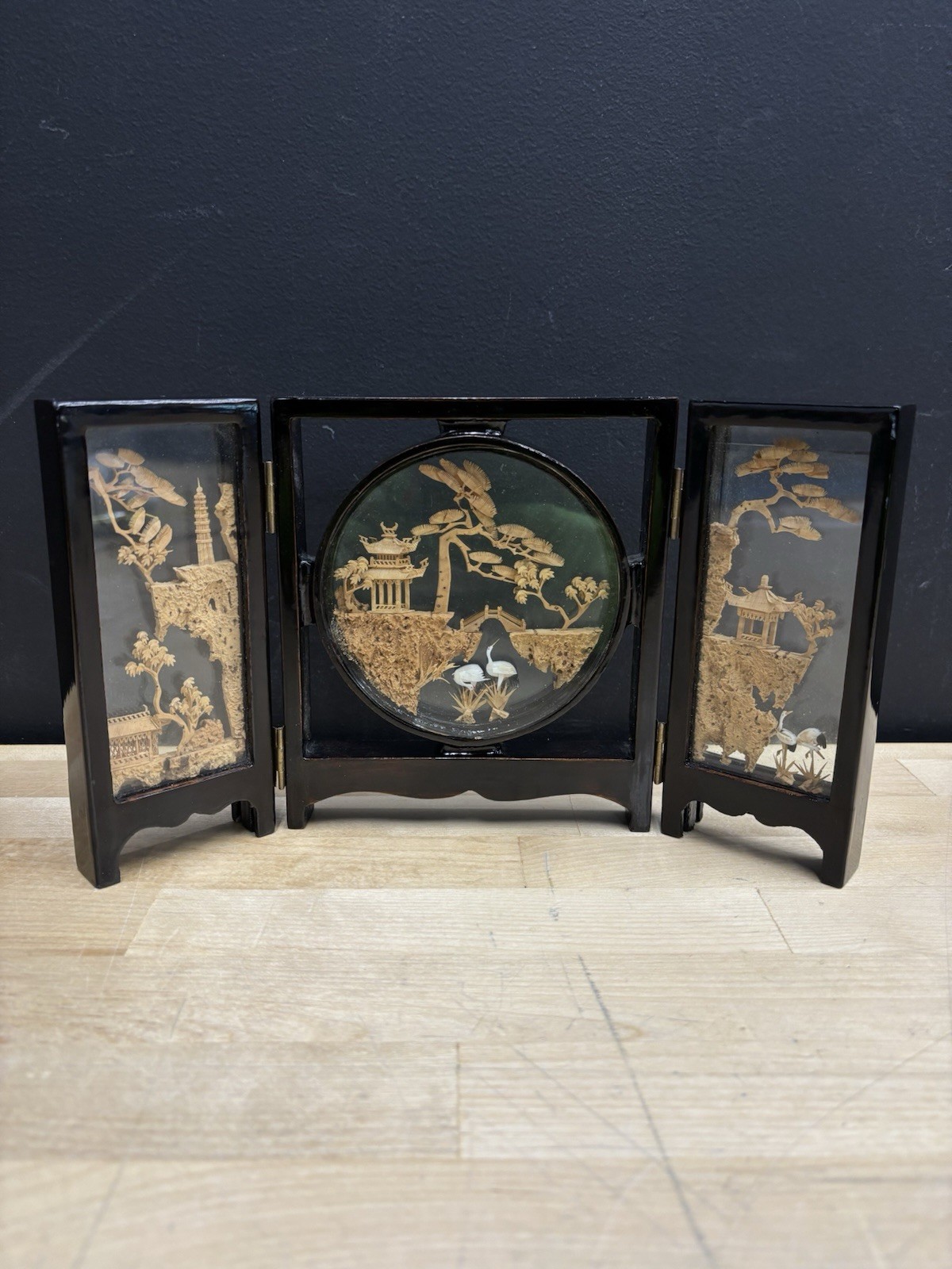 Vintage Chinese Cork Art Hand Carved Tri-Fold Diorama Box Pagoda Trees Cranes