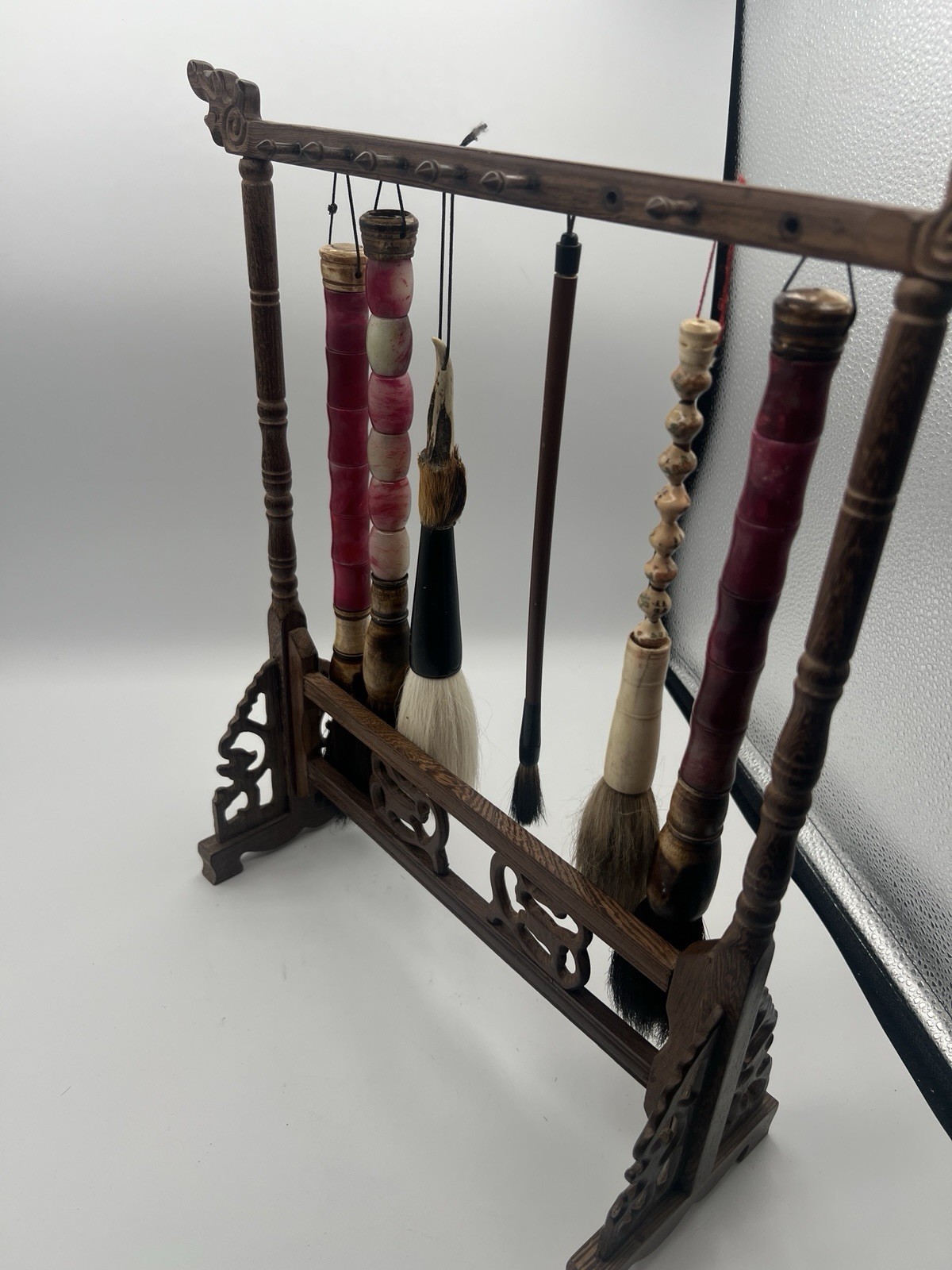 Antique CHINESE Calligraphy Hanging Brush Rosewood Display Stand & Brush Set