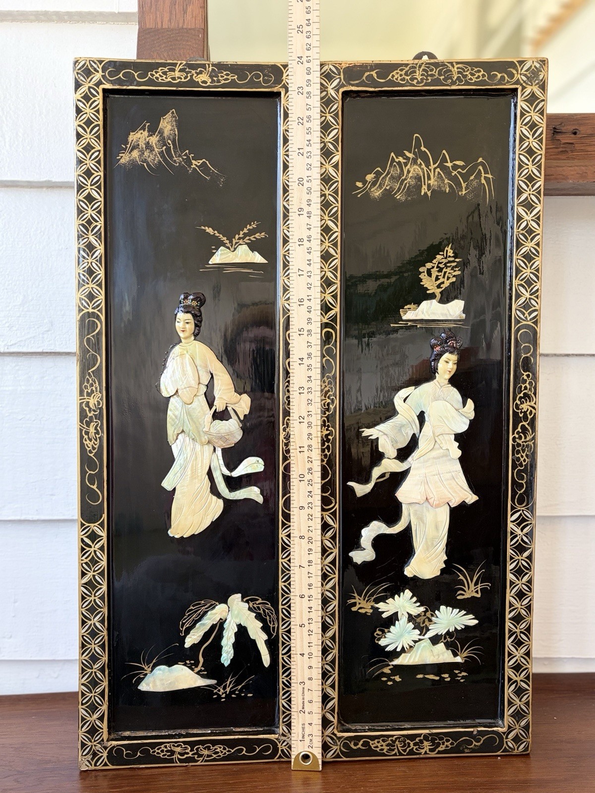 2 Vintage Asian Mother Of Pearl Inlay Black Lacquer Wooden Wall Panels