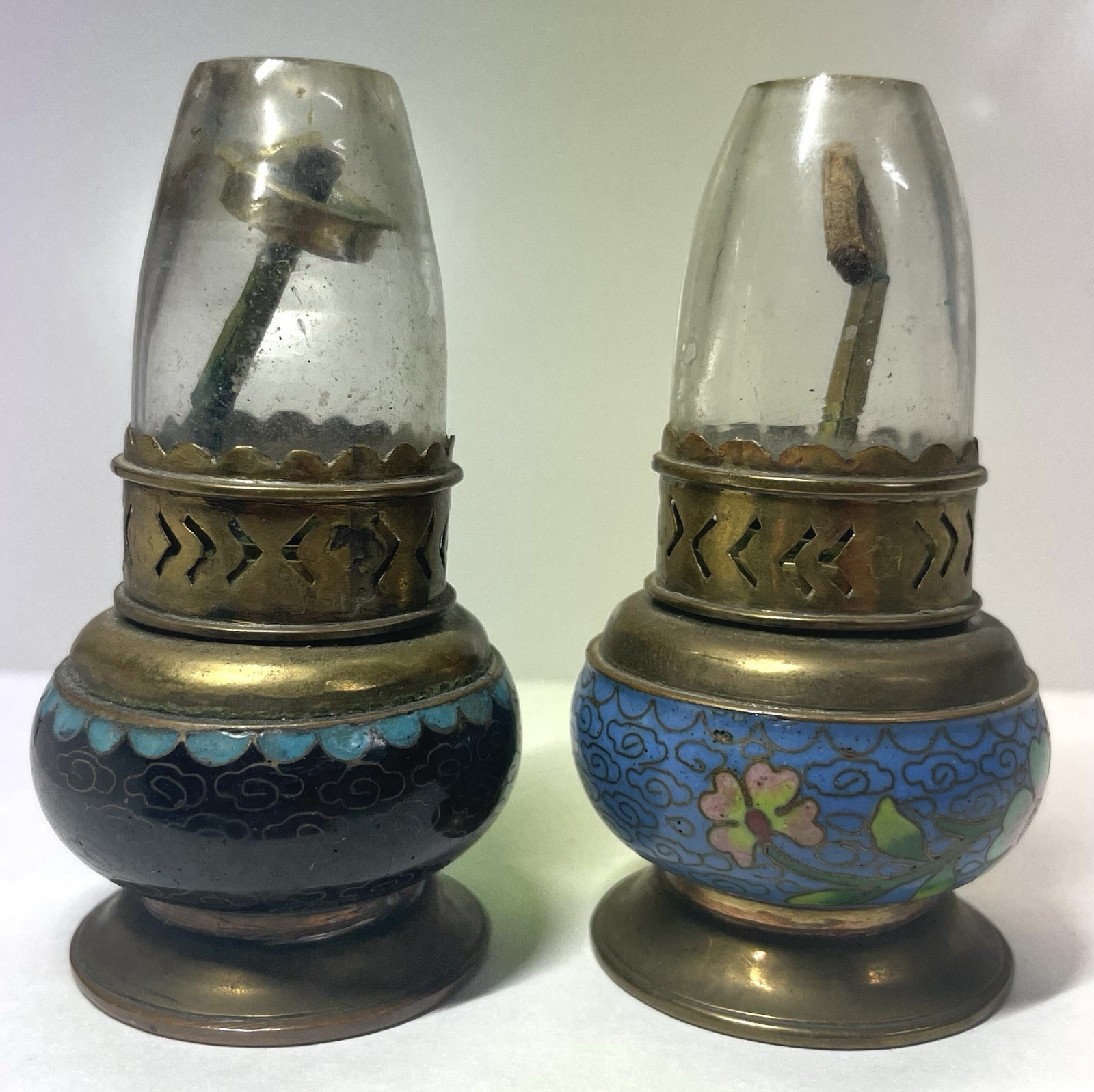 Vintage Cloisonne Enamel Mini Oil Lamp Pair Hong Kong Brass Glass Chimneys