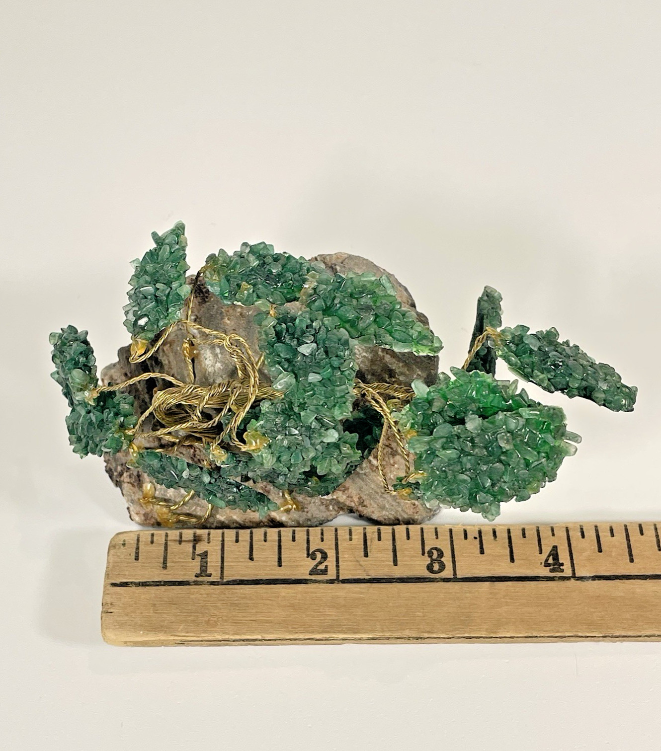 Vintage Green Crystal Bonsai Tree Sculpture Copper Wire on Natural Stone Base