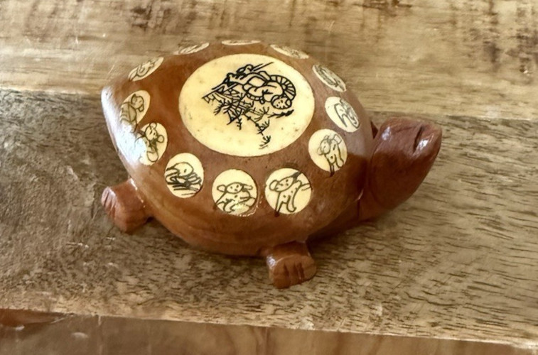 Vtg Asian Carved Wooden Turtle, Opens with Compass and Zodiac Signs