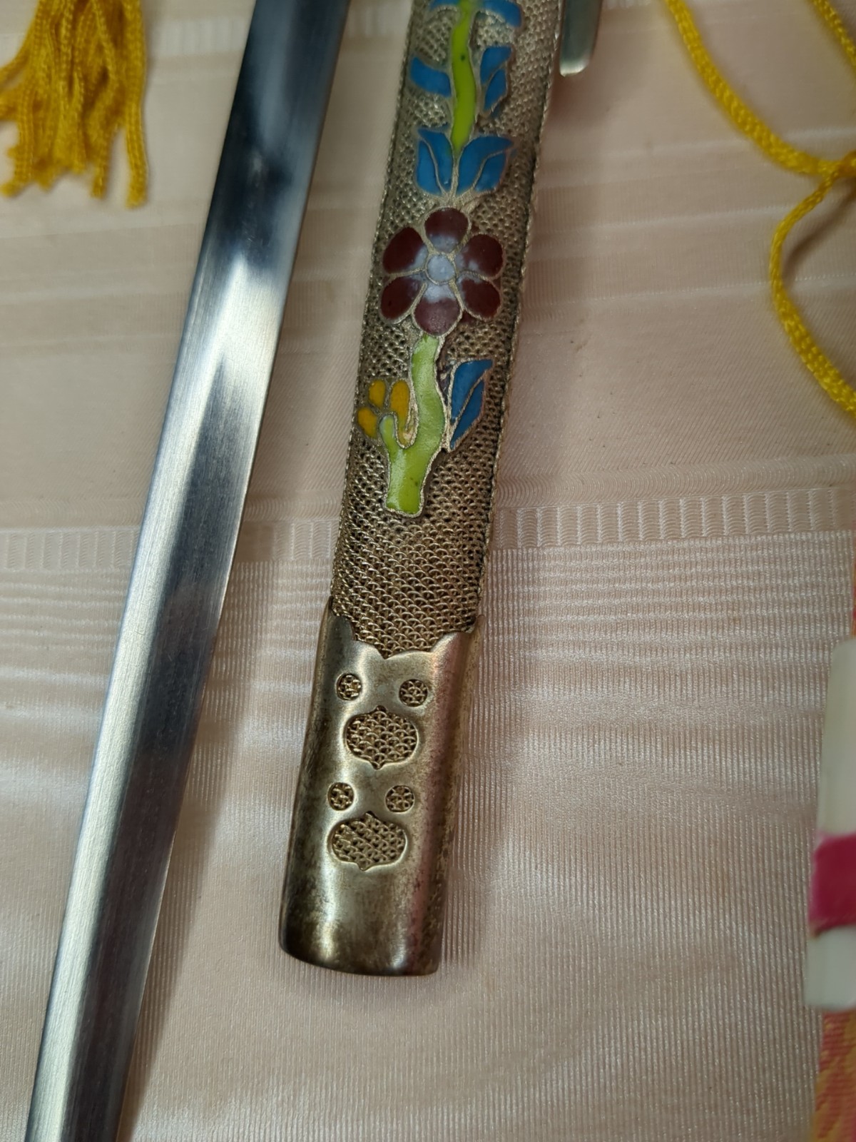Vintage Chinese Cloisonne Letter Opener Dagger In Brocade Gift Box
