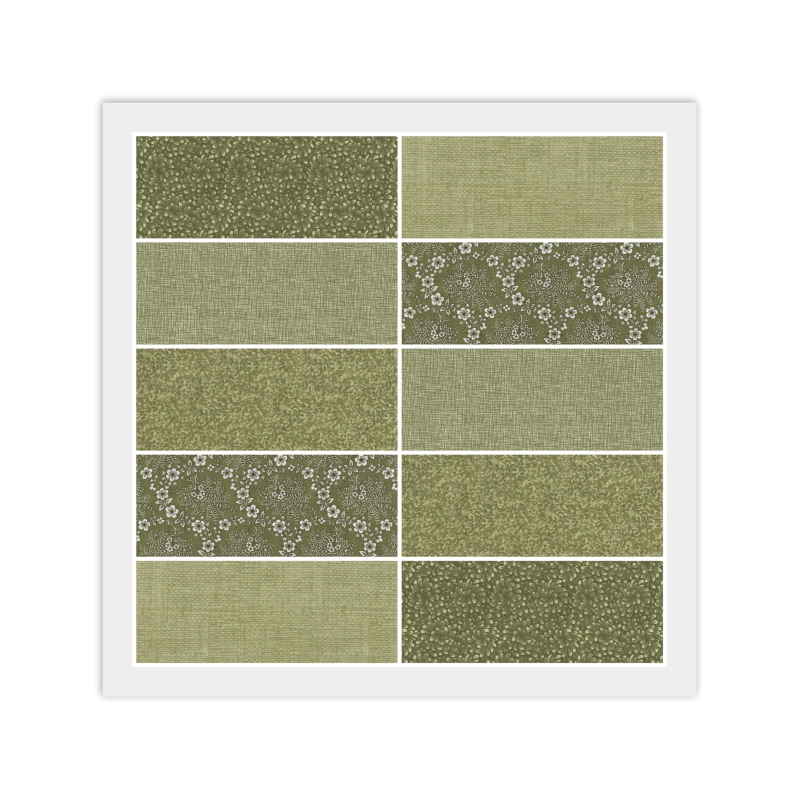 Green Sage Olive, CHARM PACK: 40) 5″ x 5″ Squares, 100% Cotton Fabric, Dups