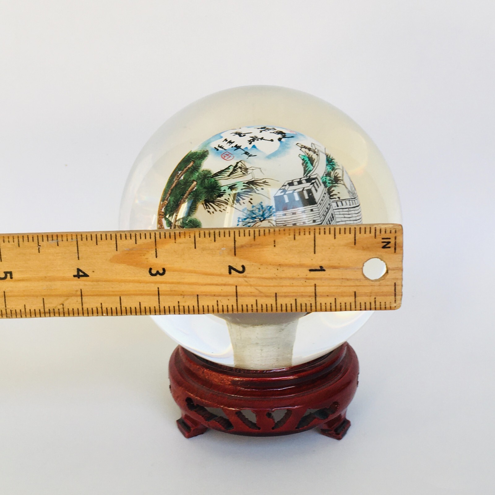 Reverse Painted Great Wall Vintage Glass Crystal Ball Sphere Signed 4.5″