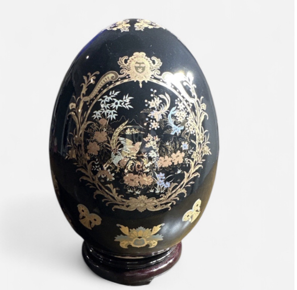 Vintage Large Satsuma Chinese Porcelain Egg Black Gold Moriage Bird Floral 9.5″