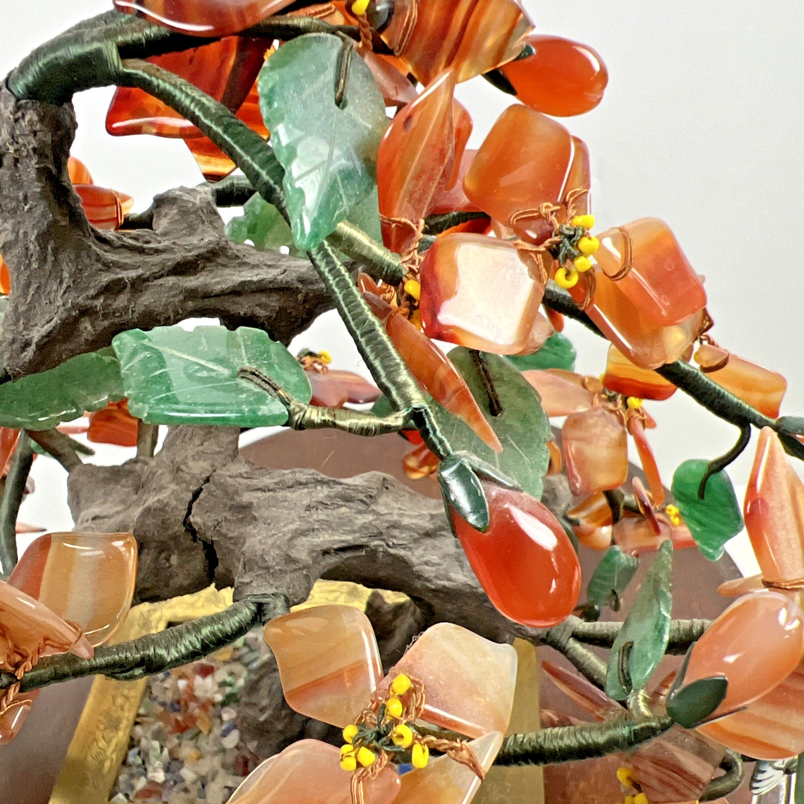 Vintage Carved Jade Tree Bonsai Flowers Brass Pot Agate Carnelian Fall Colors