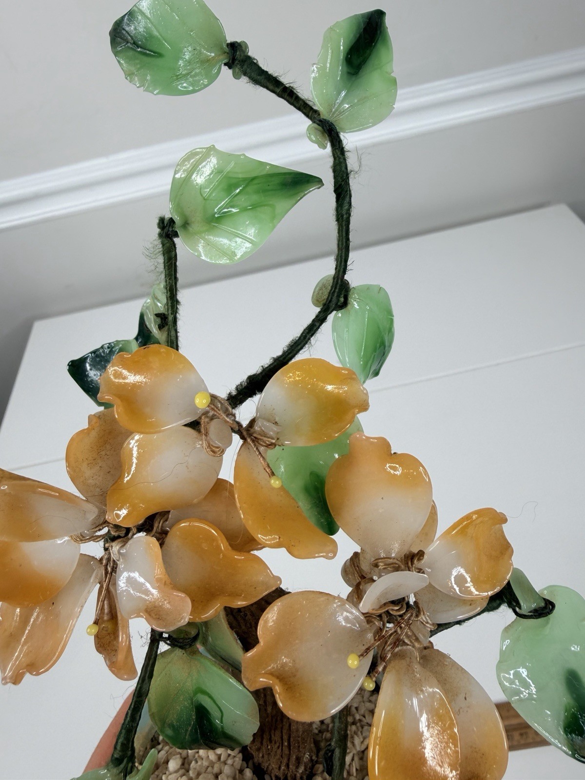 Vintage Asian Jade Glass peach green Cherry Blossom Bonsai Tree 9” Inch