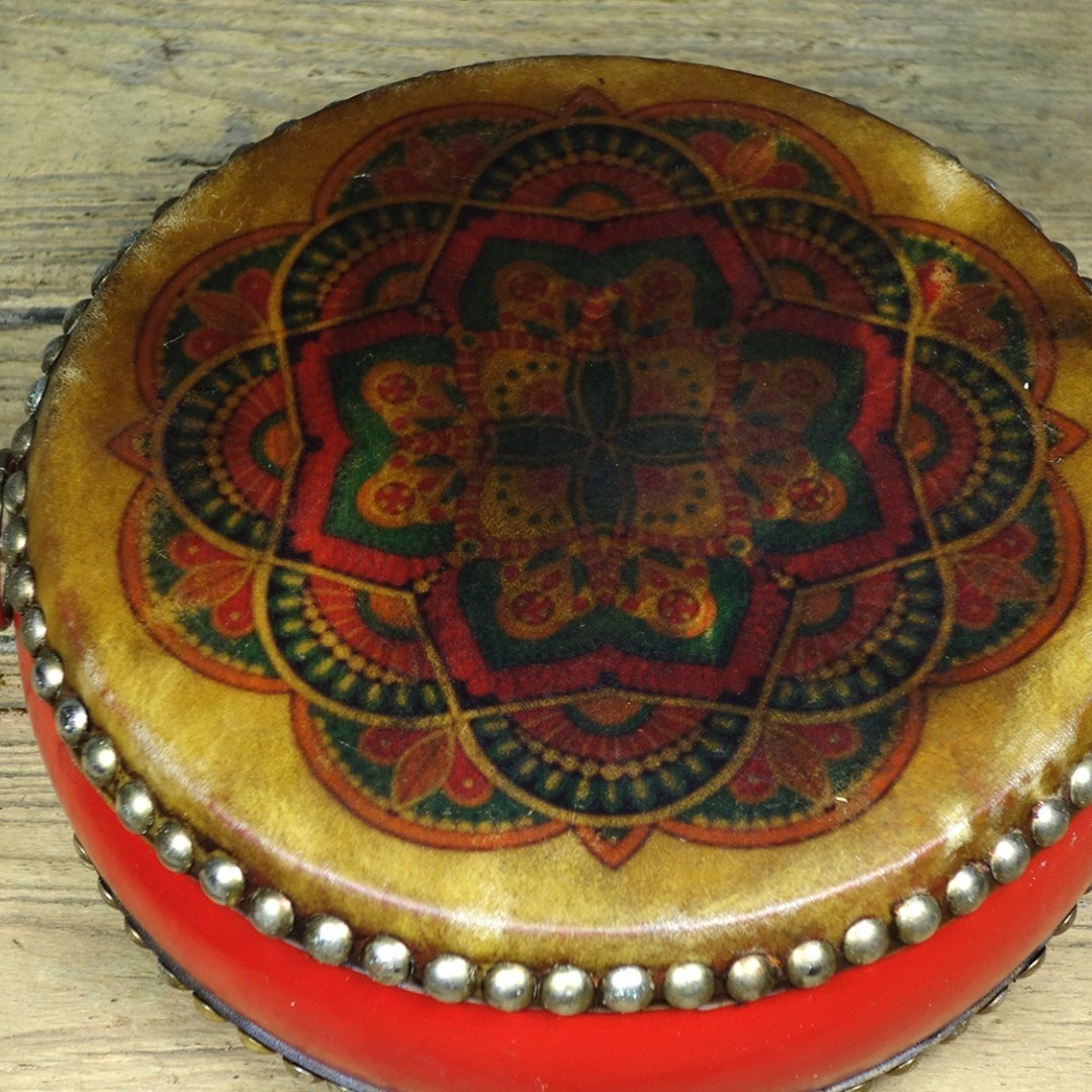 Vintage Hand Painted Cowhide Drum Tibetan Dharma Wheel Decor 25cm