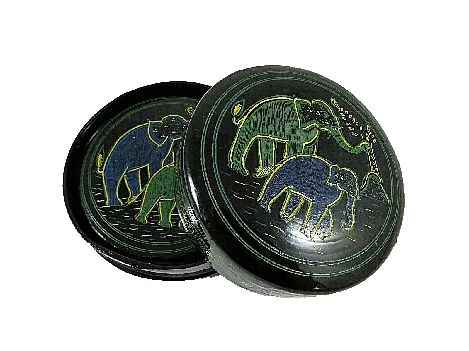 Vintage Burmese Black Lacquer 6 Coasters In Container Etched Elephants Motif