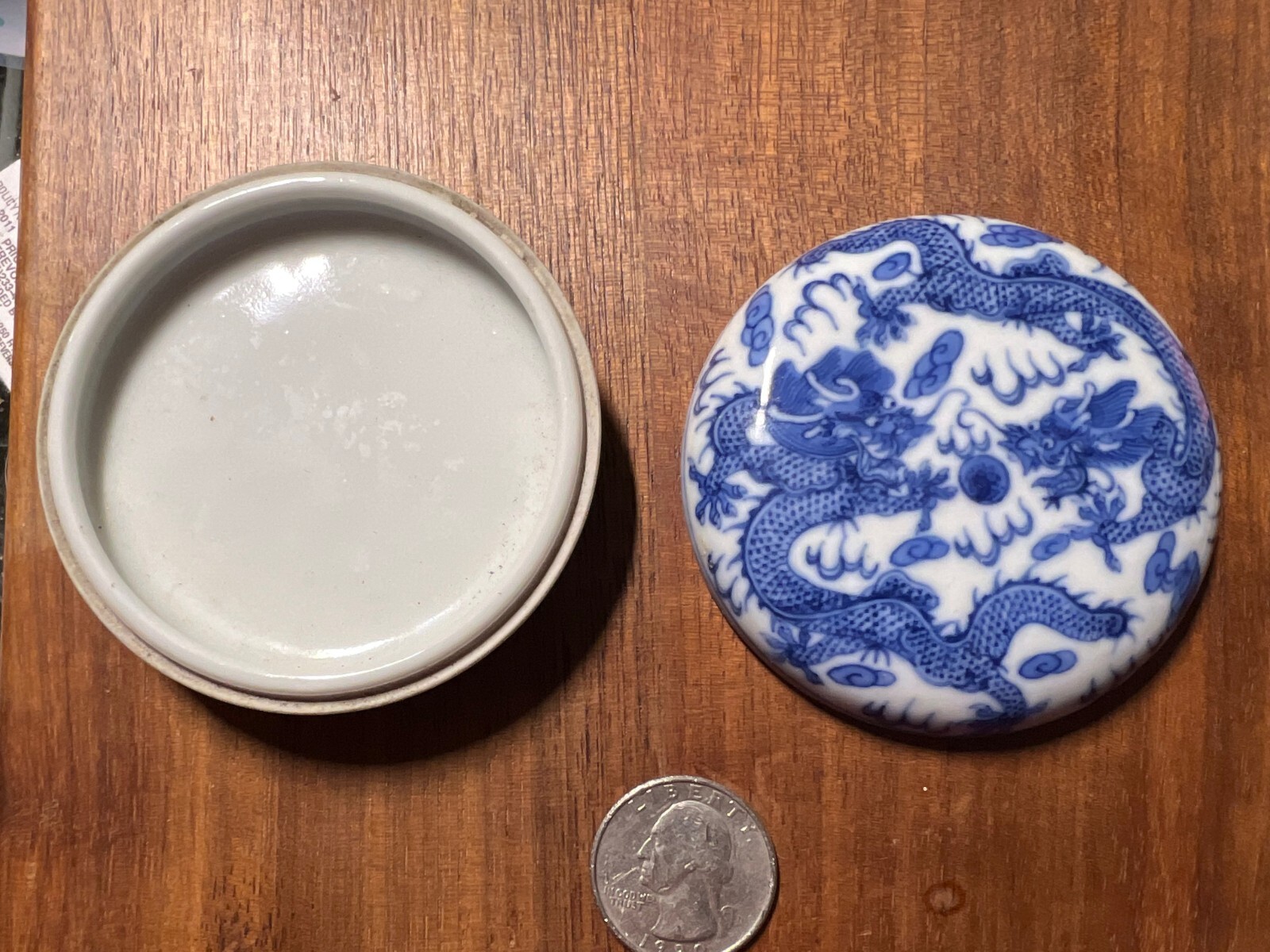 Chinese Blue & White Porcelain Seal Paste Box with Dragons & Pearl Qianlong Mark