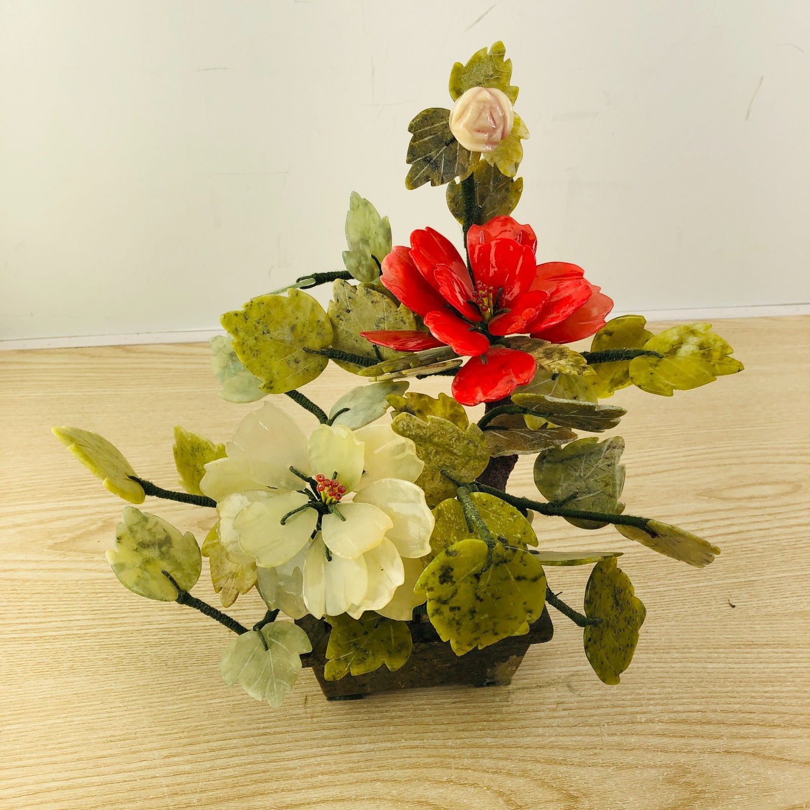 Vintage Chinese Bonsai Tree Jade & Pink Quartz Flowers 10”x11” ~ Nice