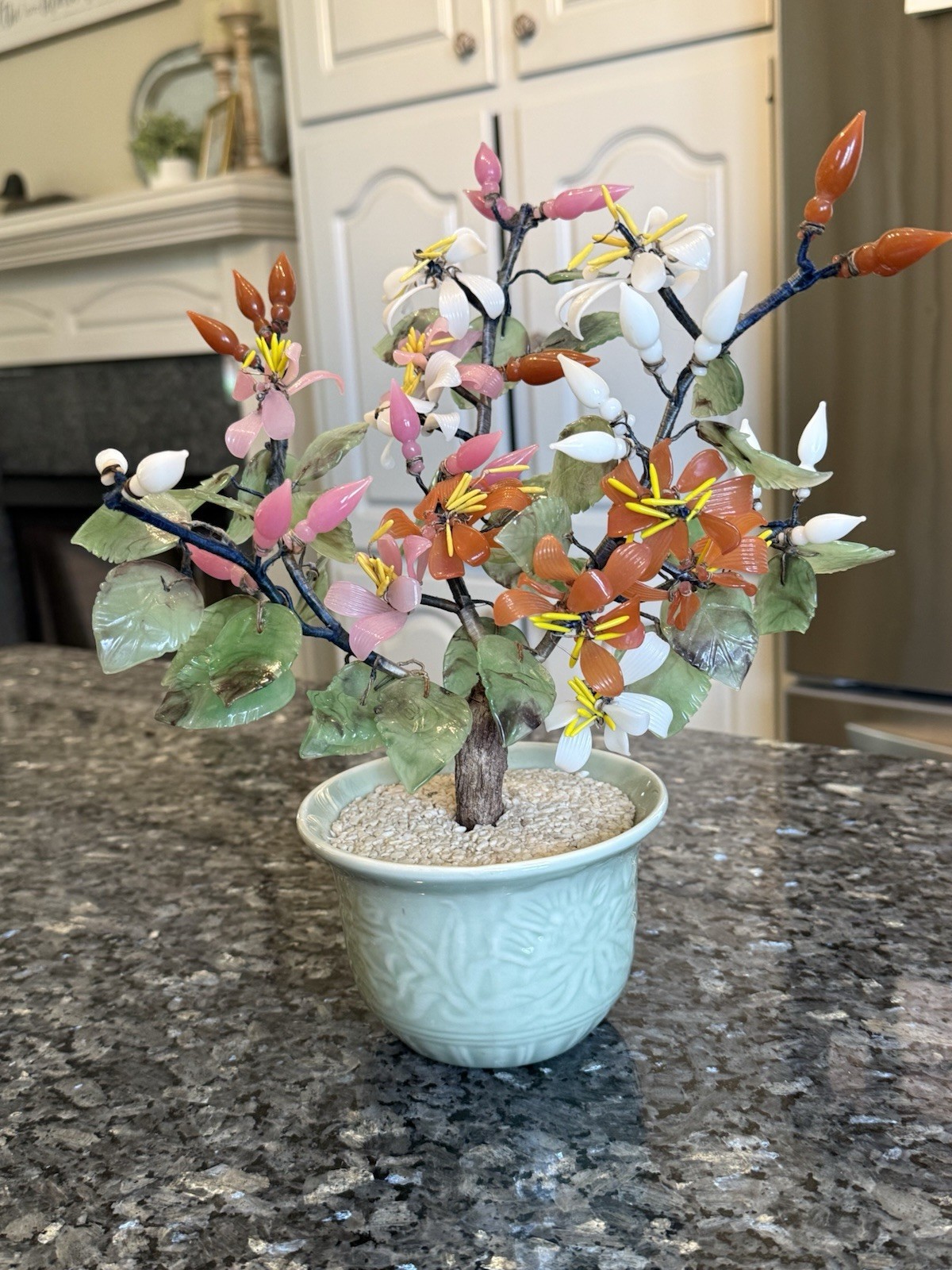 Vintage Bonsai Tree Jade Carnelian Stone Glass Asian Flowers Celadon Pot