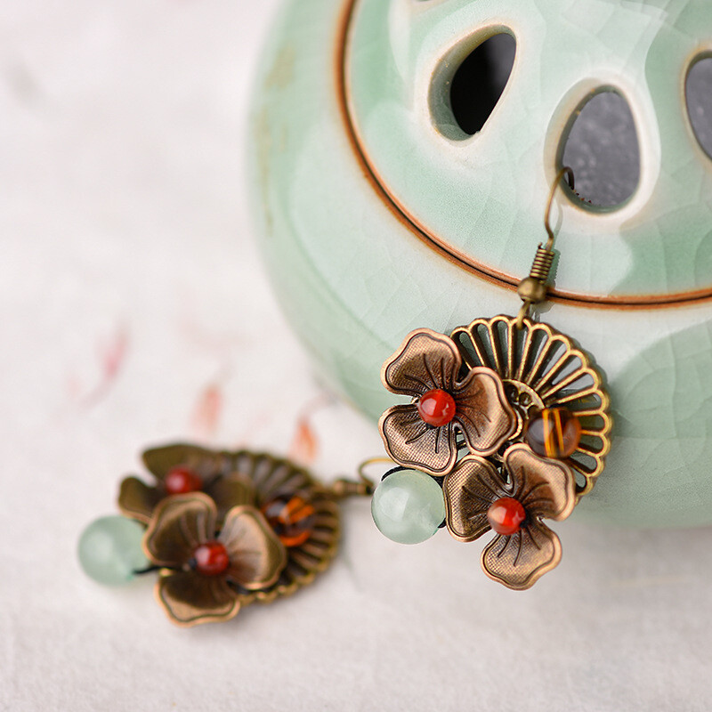 Chinese Agate/Dongling Jade Coloured Glaze Tibetan Style Vogue Earbob Earrings