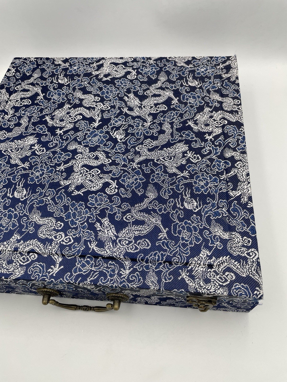 Chinese Brocade Fabric Case Box Replacement Blue Dragon Empty
