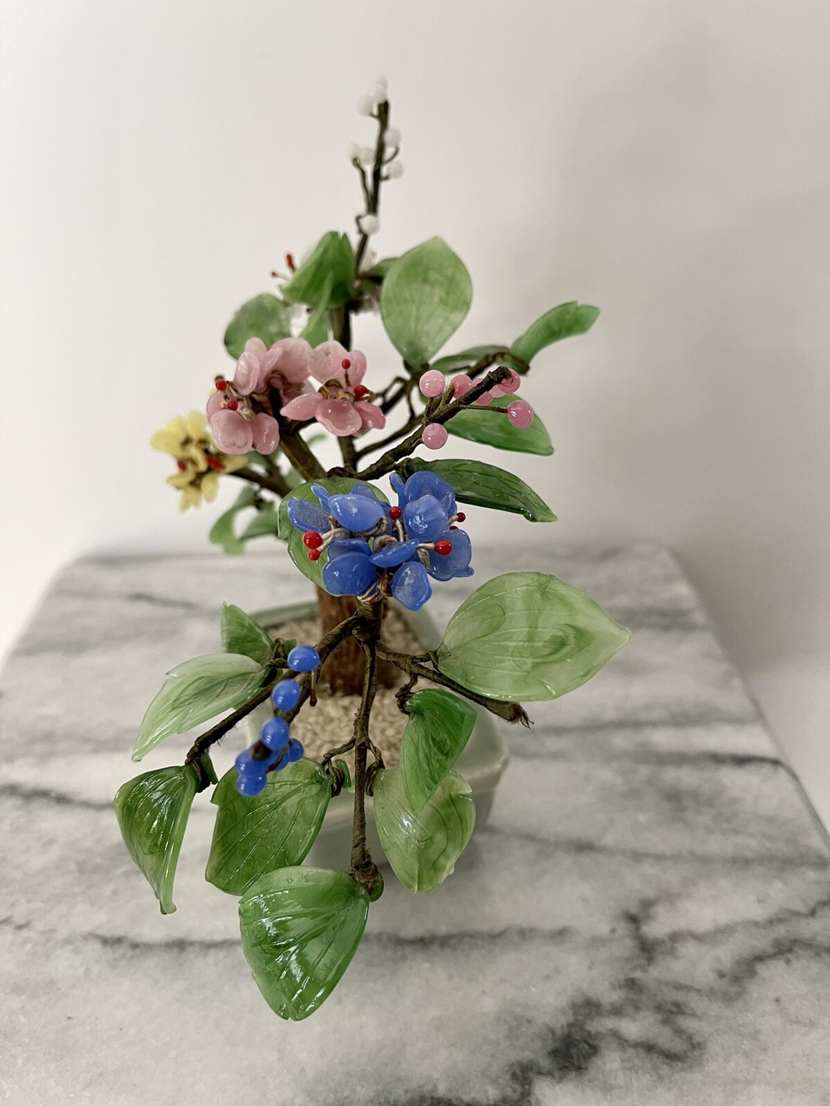 Vintage Chinese Jade Stone Glass Bonsai Mineral Tree Multi Color 9×8”