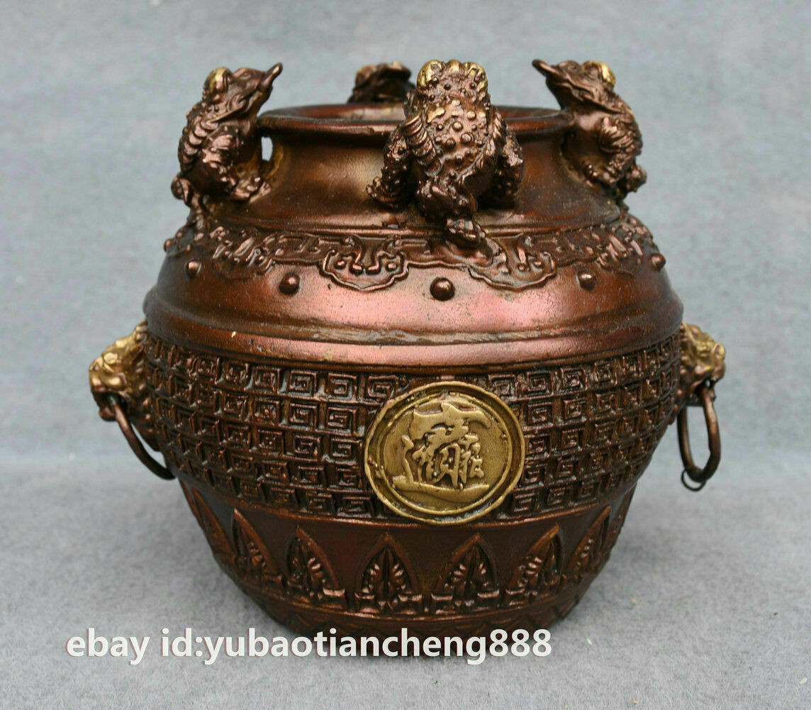 Chinese Folk Bronze Golden Toad Spittor wealth Beast Head Statue Tank Jug Jar