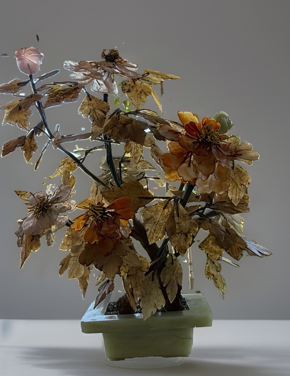 Vintage Chinese Jade & Stone Bonsai Flower Tree Sculpture Asian Decor