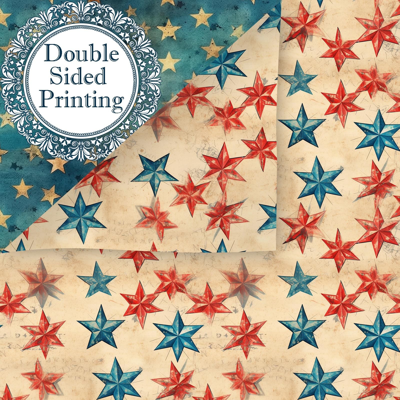 24 Sheets Vintage Patriotic Scrapbook Paper, 12 Styles Retro Red Blue Stars F…