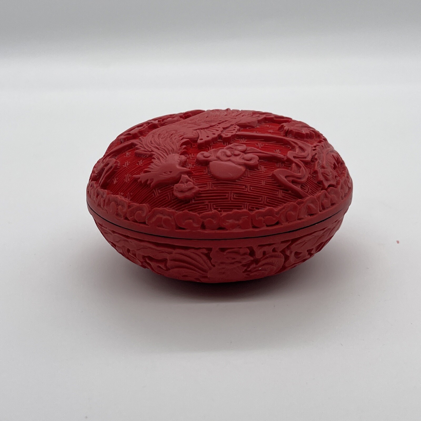 Trinket Box Cinnabar Phoenix Design on Lid & throughout Brilliant￼ Red￼ Vintage