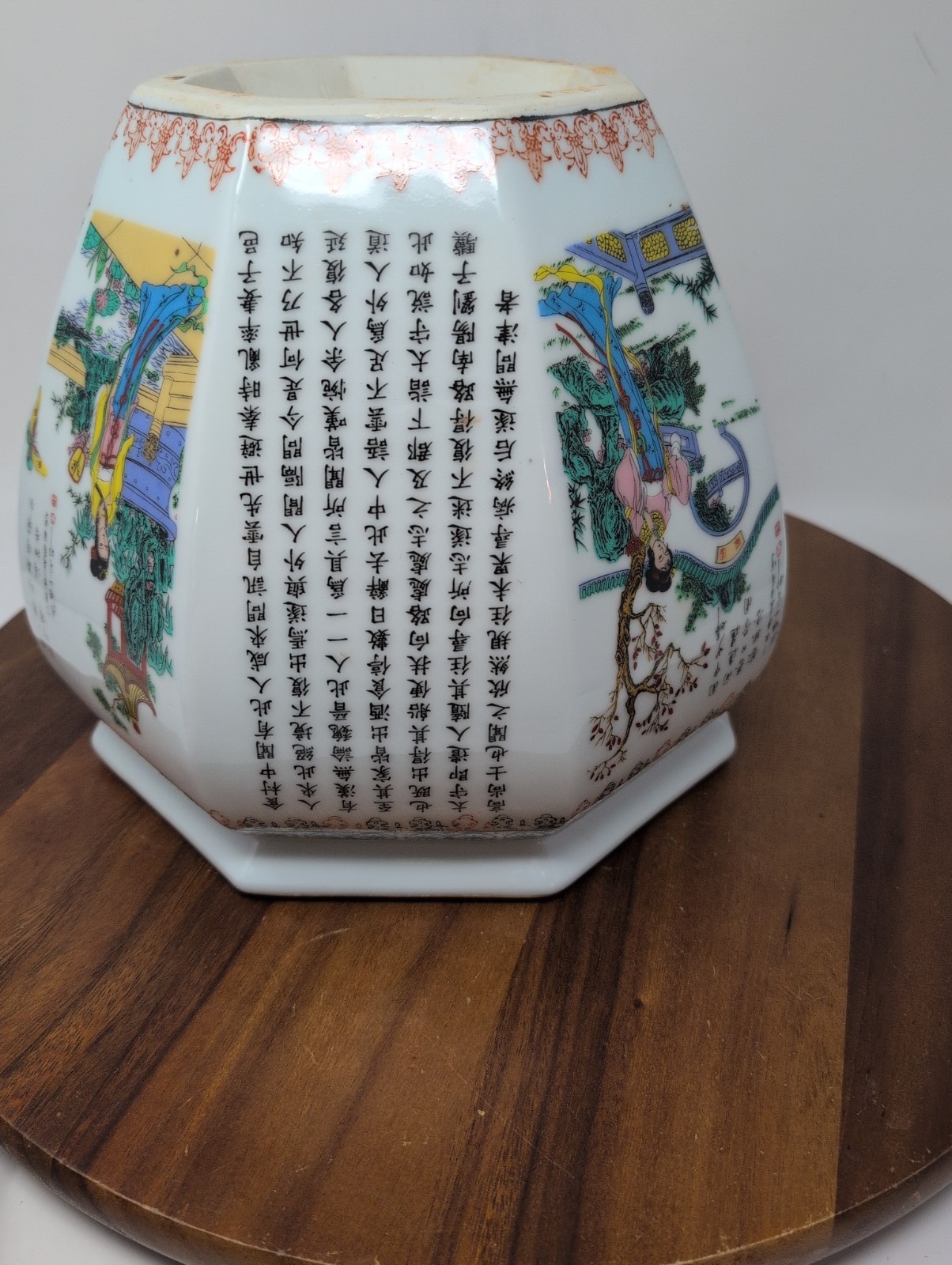 Asian Hexagonal Porcelain Planter 9.25″ By 9″ Tall Women Butterflies Calligraph