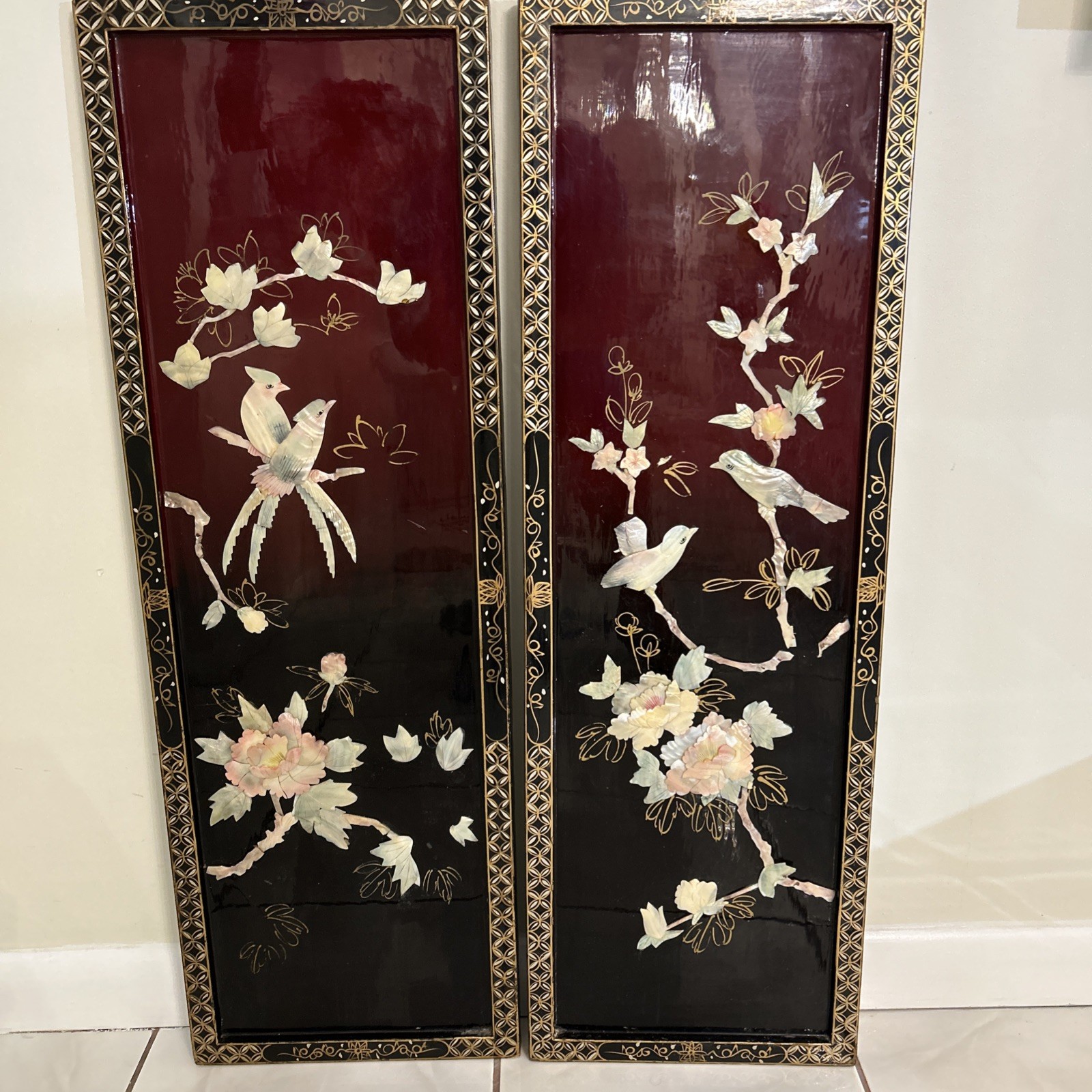 2 Vintage Oriental Asian White Mother of Pearl Four Panel Screen Flowers & Birds