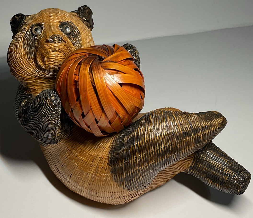 Handcrafted Wicker Panda Laying On Back Holding Ball Shanghai Handicrafts