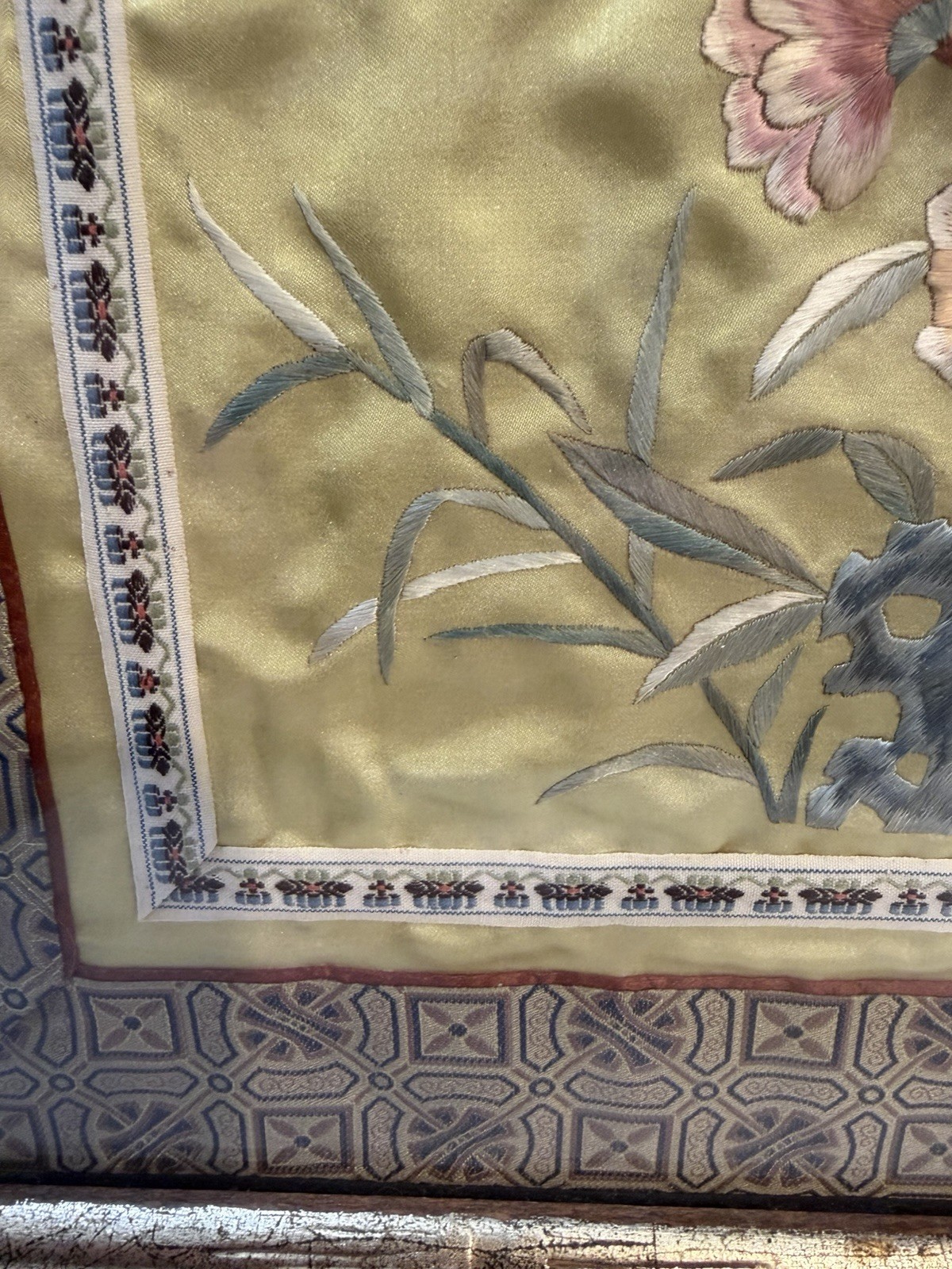 Vintage Bamboo Style Framed Chinese Silk Embroidered Panel Floral Art 12″