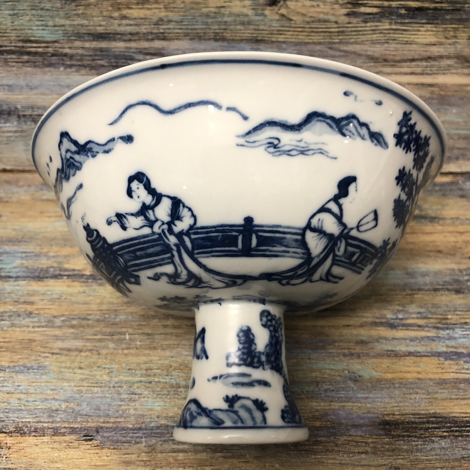 VTG WAN-LI LIMITED EDITION Porcelain Footed Pedestal Bowl 152/1000 White & Blue