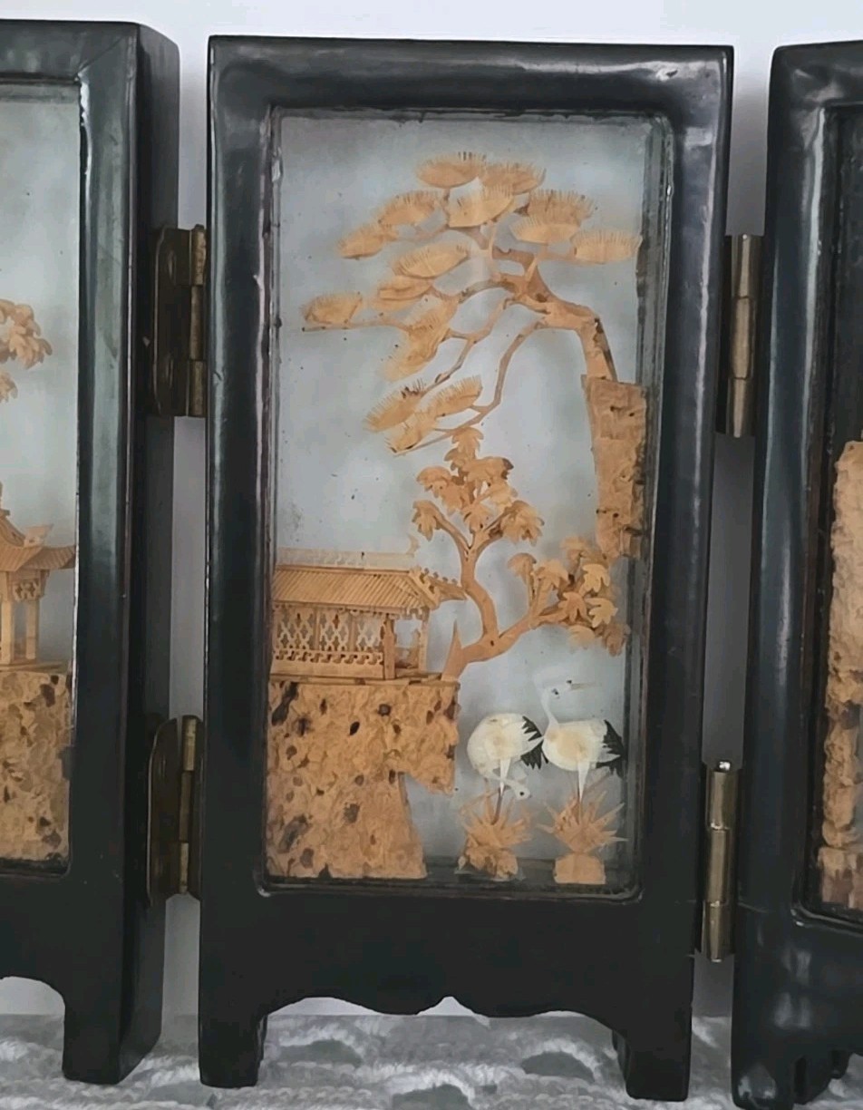 Vintage SAN YOU Cork Art Diorama 4 Scenes Paneled 4.5″ × 9.5″ × 3/4″ Chinese