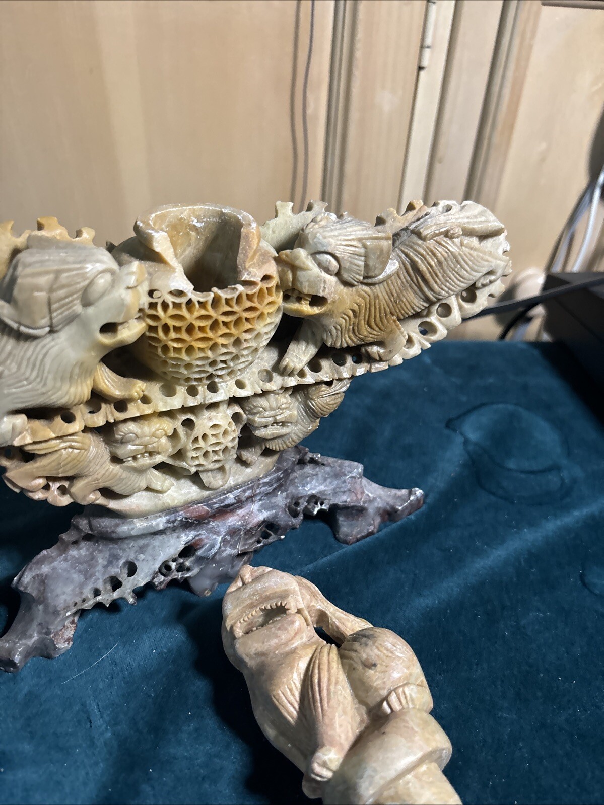 Antique Chinese Hand Carved Soapstone Incense Burner Foo Dogs/Lions Vintage (bf)