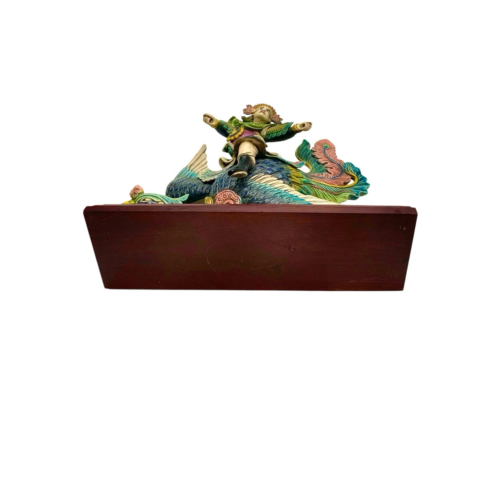 Chinese Figure on Phoenix Bird Oriental Roof Tile on Stand Vintage Asian Decor
