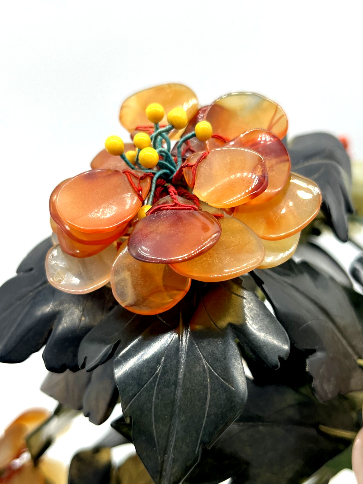 Vintage MCM Chinese Carved Gemstone Bonsai Tree Jade, Carnelian, Rose Quartz 11″