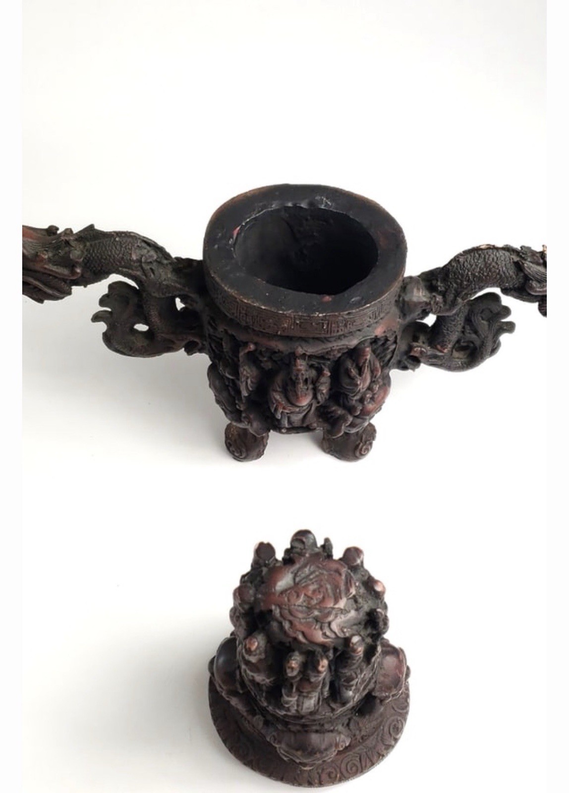 Antique Resin Carved Oriental Incense Burner? with Dragons and Figurines