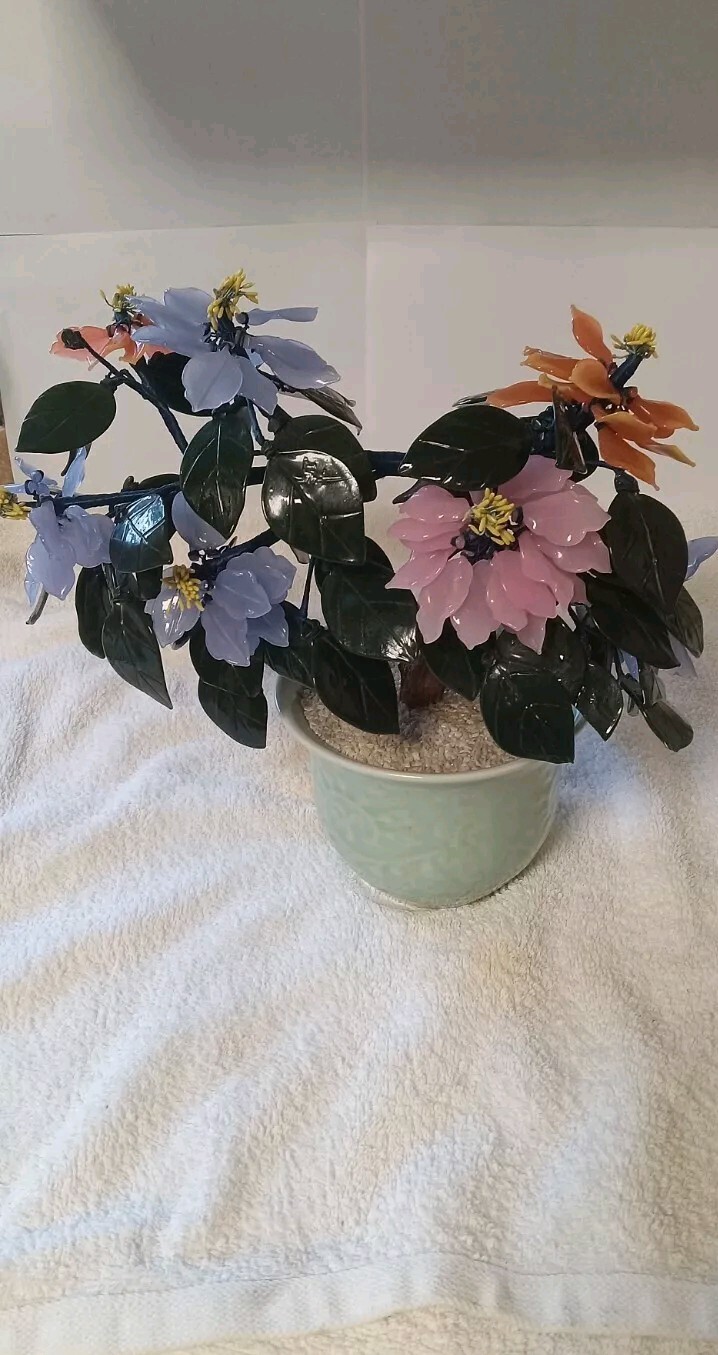 Vintage Jade Glass Flower Arrangement In Vase