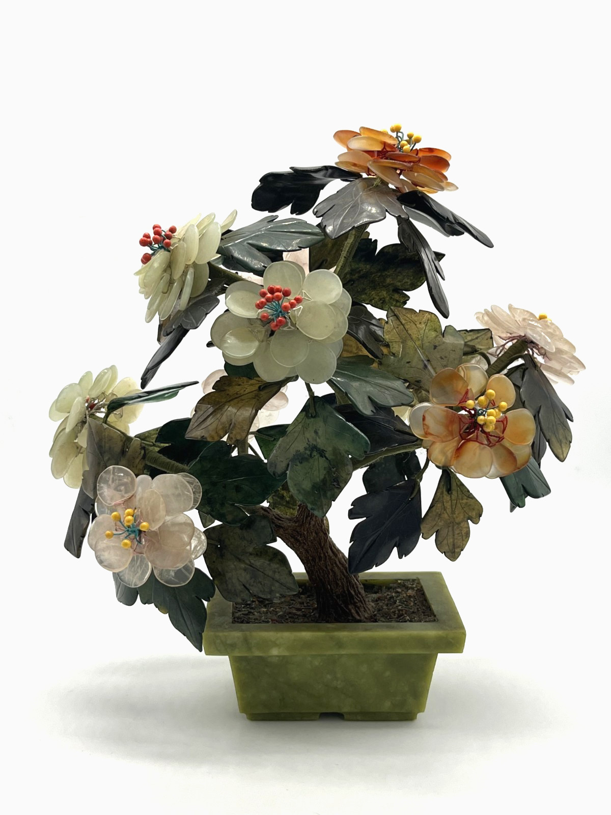 Vintage MCM Chinese Carved Gemstone Bonsai Tree Jade, Carnelian, Rose Quartz 11″