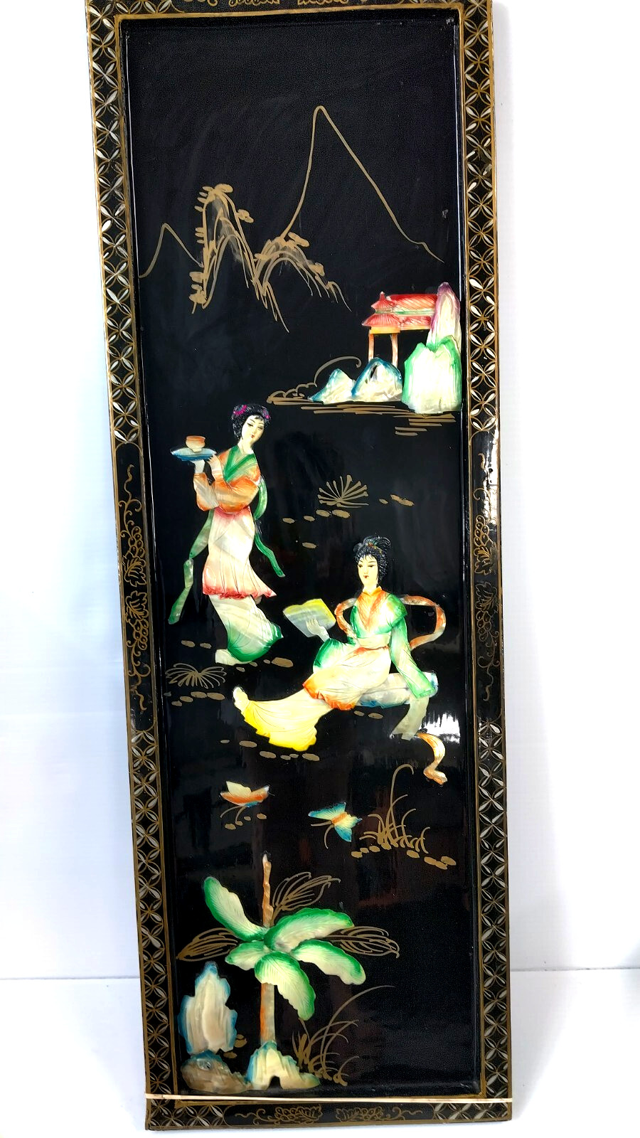 Set of 4pcs vintage Asian Black Lacquer Mother of the Pearl wood panels 12×36
