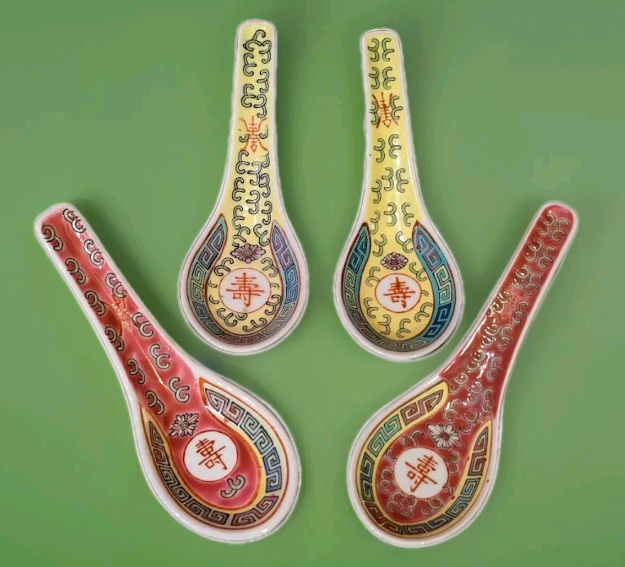Vintage Mun Shou Red & Yellow Longevity Chinese Porcelain Soup Rice Spoons – 4