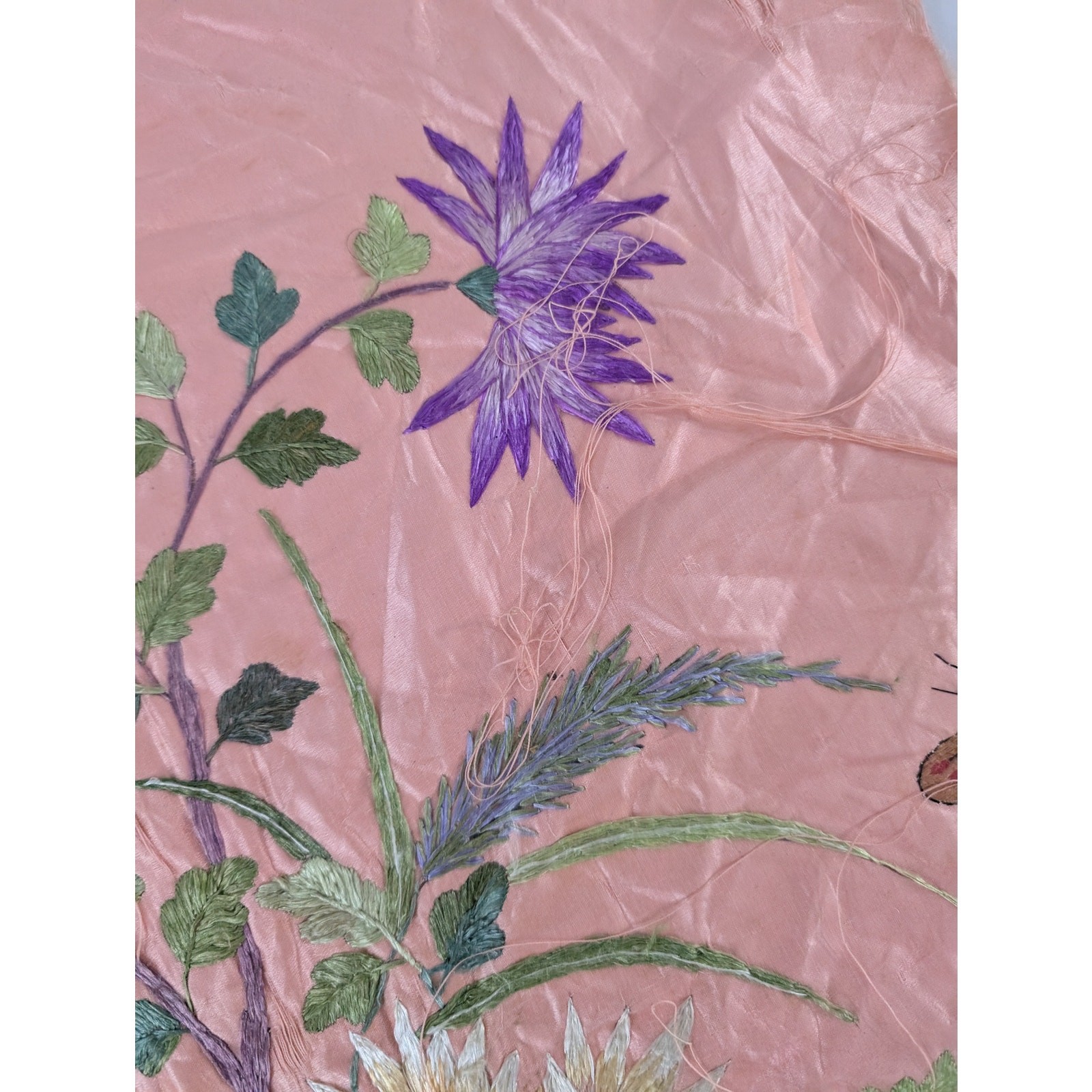 Vintage Chinese Hand Embroidered Floral & Butterfly Silk Textile 23x18in