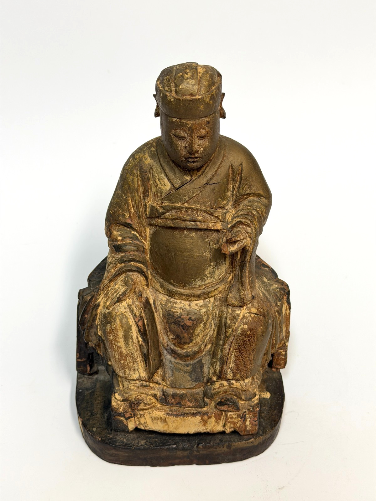 17/18C Chinese Gilt Wooden Folk Carving Seated Deity 8.5″ tall