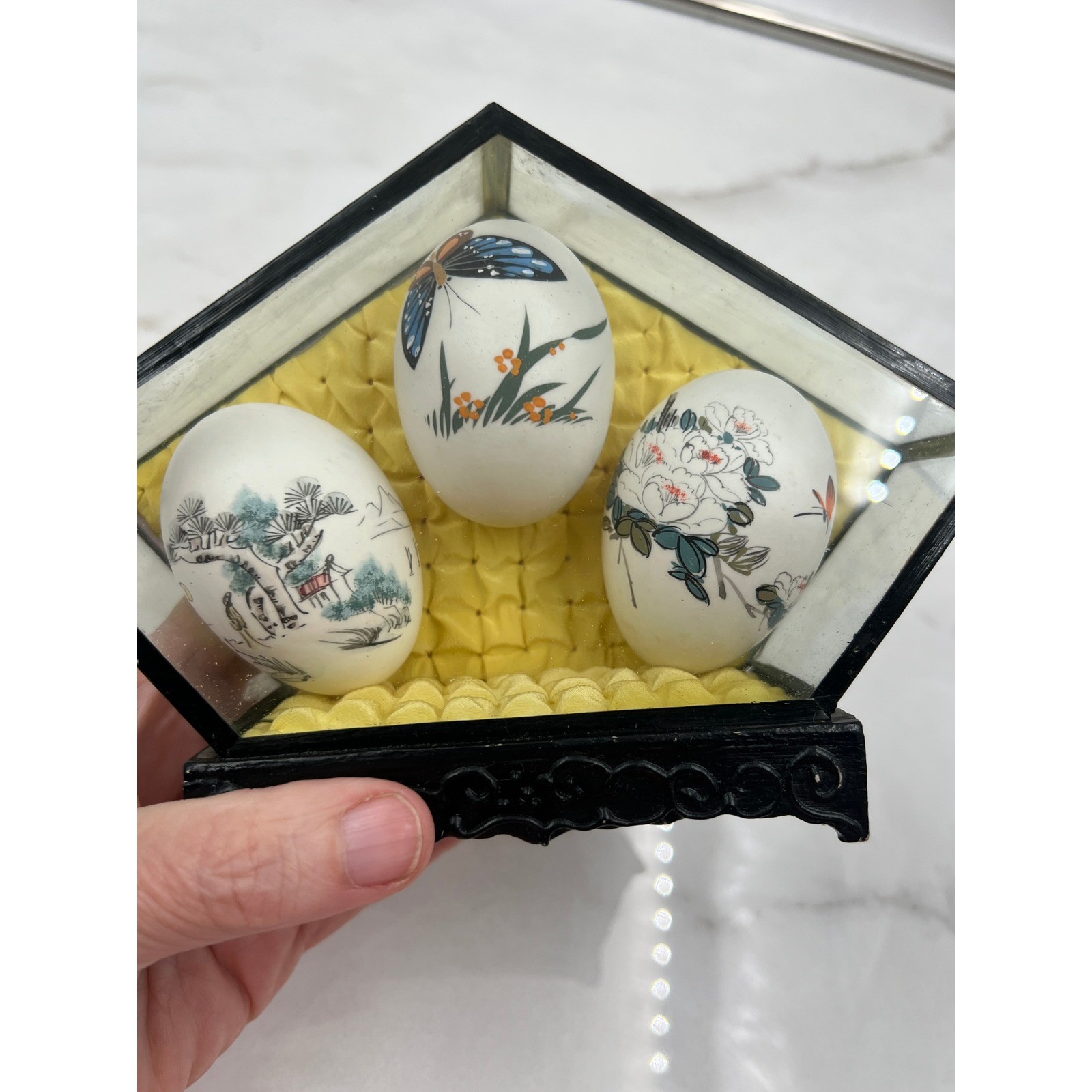 Vintage Chinese Hand Painted Egg Art Set 3 Butterfly Floral Landscape Glass Case