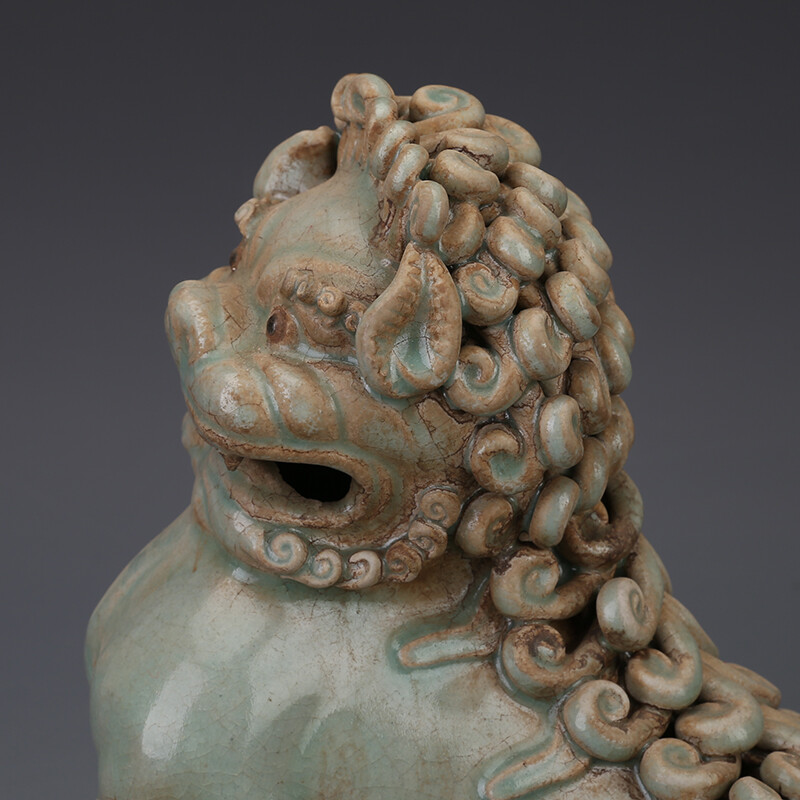 8.2″ Collect China Lavender Grey Glaze Porcelain Foo Fu Dog Guardion Lion Statue