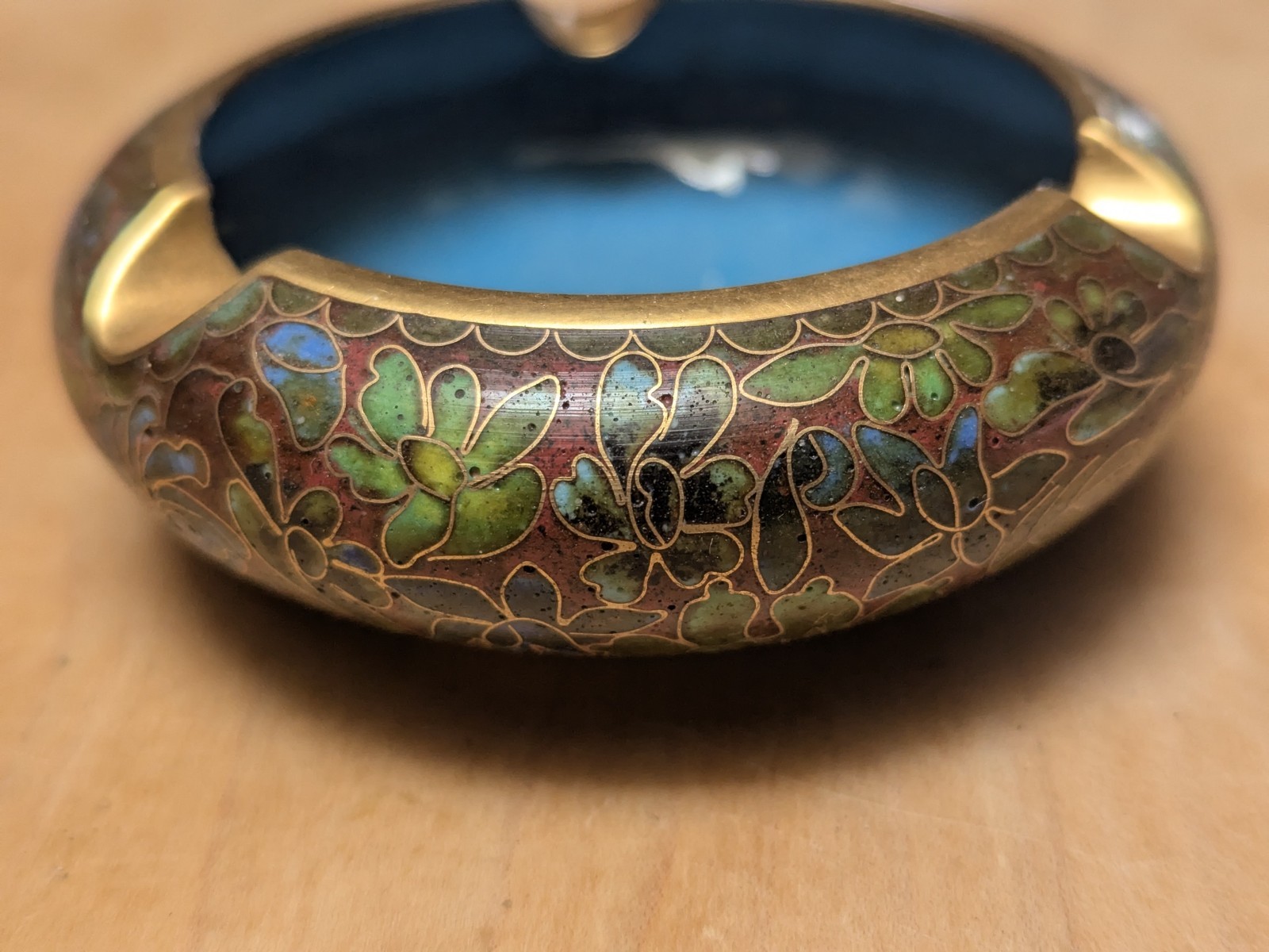 Vintage Chinese Ashtray 5″ Enamel Blue Cloisonné Gold