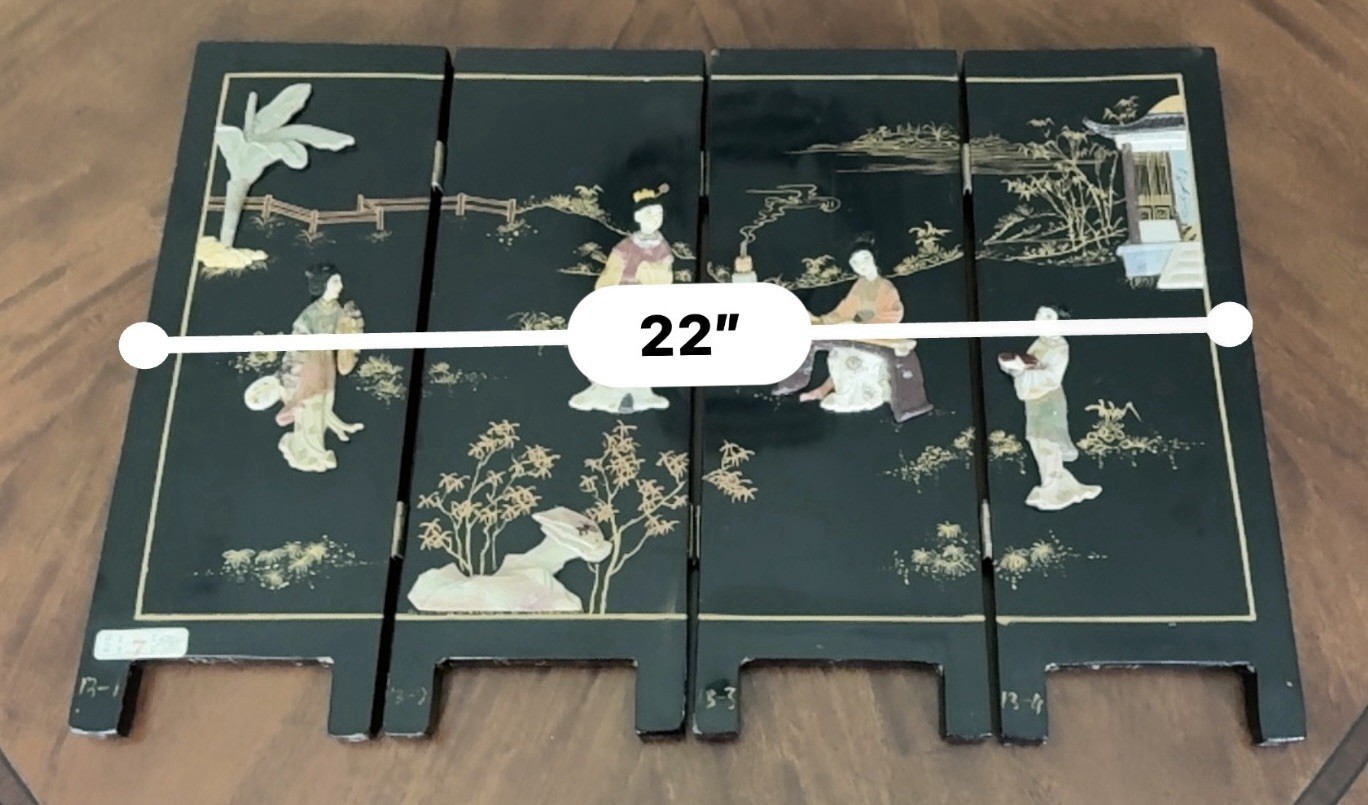 Vintage Table Top Chinese Folding Screen Carved Mother of Pearl Asian 4-Panel