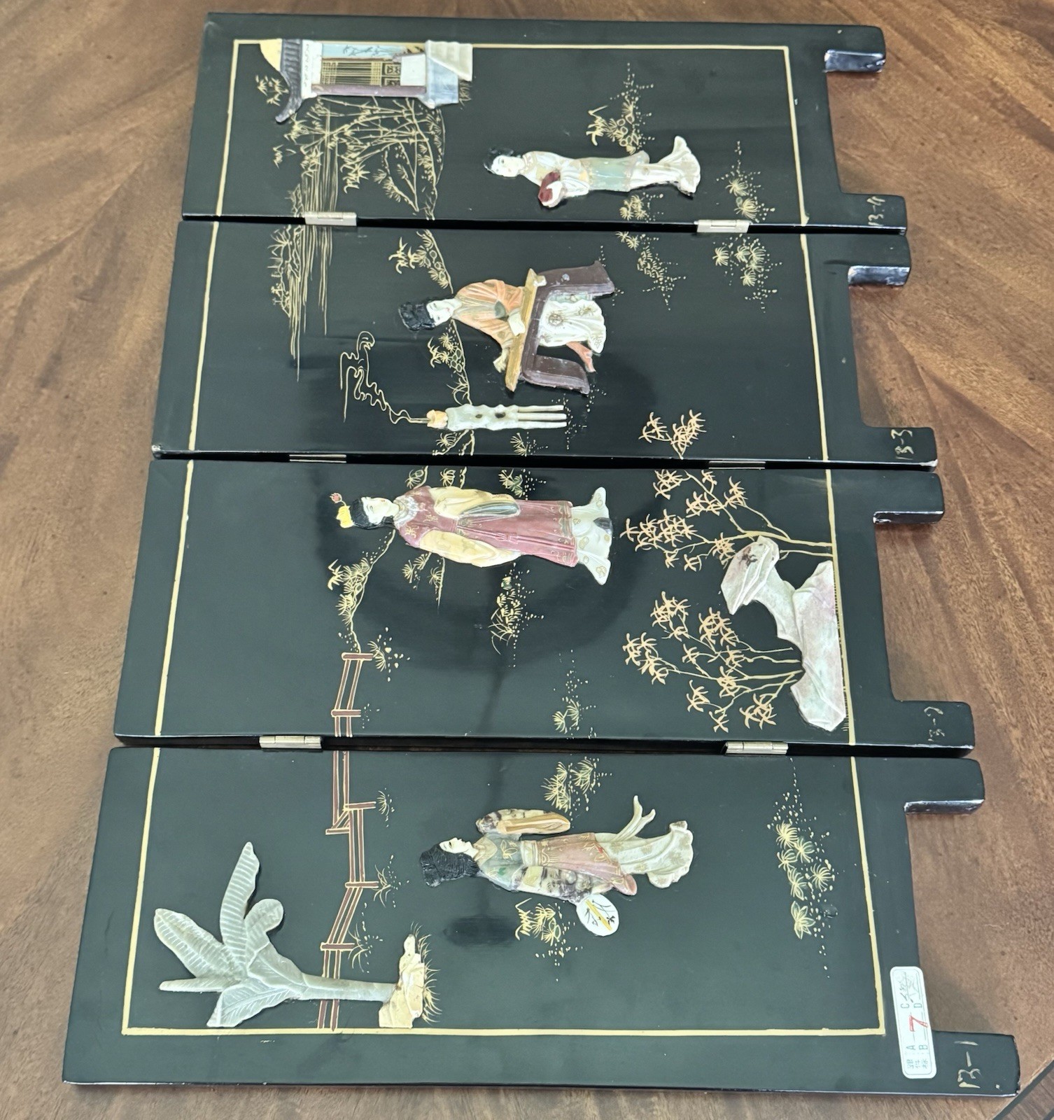 Vintage Table Top Chinese Folding Screen Carved Mother of Pearl Asian 4-Panel