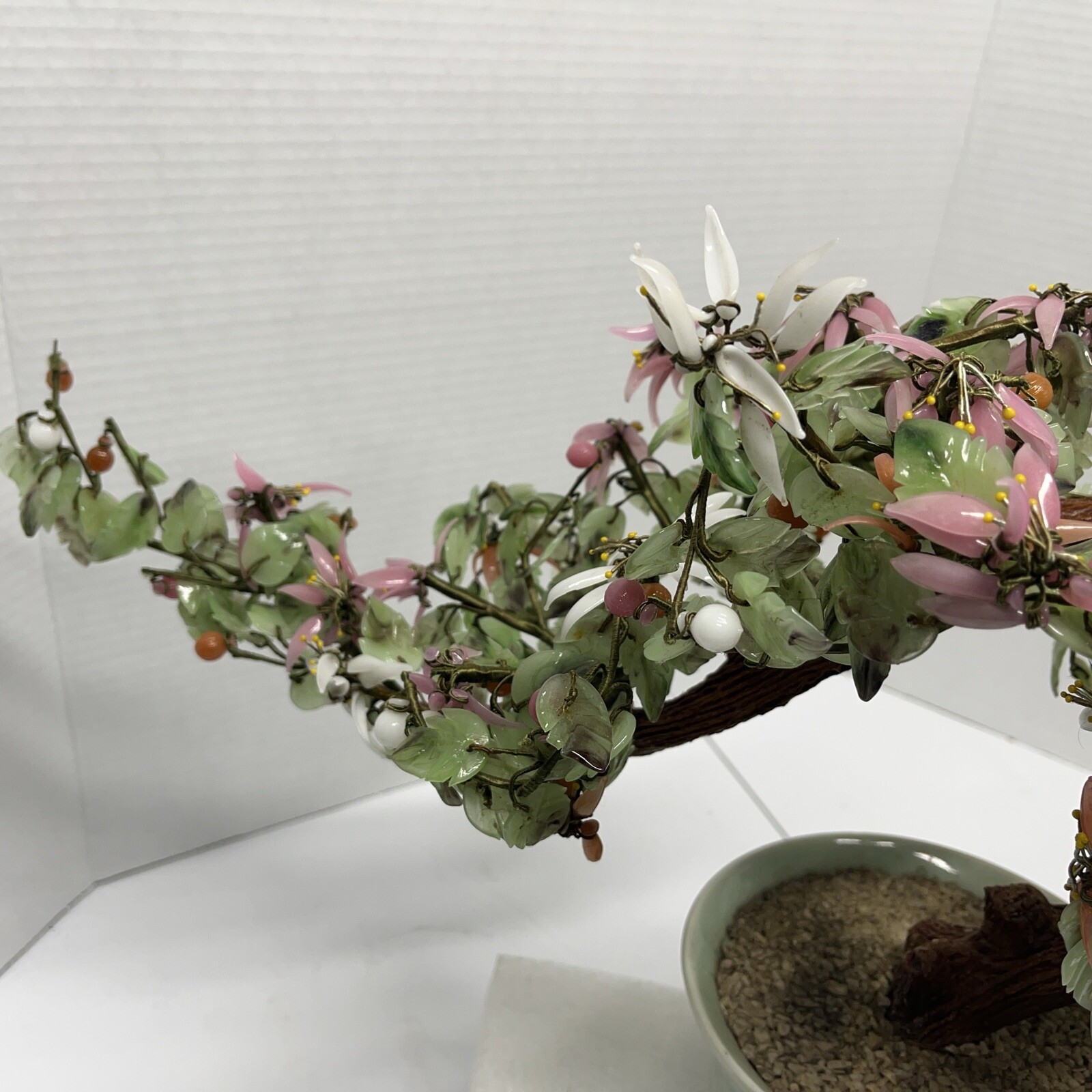 Vtg Japanese/Chinese/Asia Bonsai Jade Tree W/Berries 18″ L 13″ T w/pot & stand