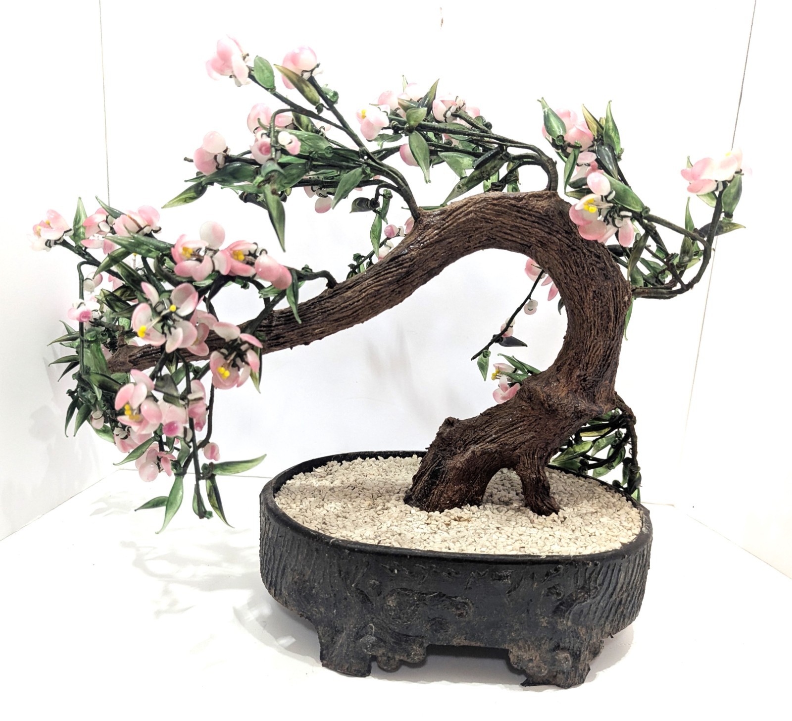 Large Vtg Pink Green Jade Glass Bonsai Tree Mid Century Chinoiserie Chic 20 x 14