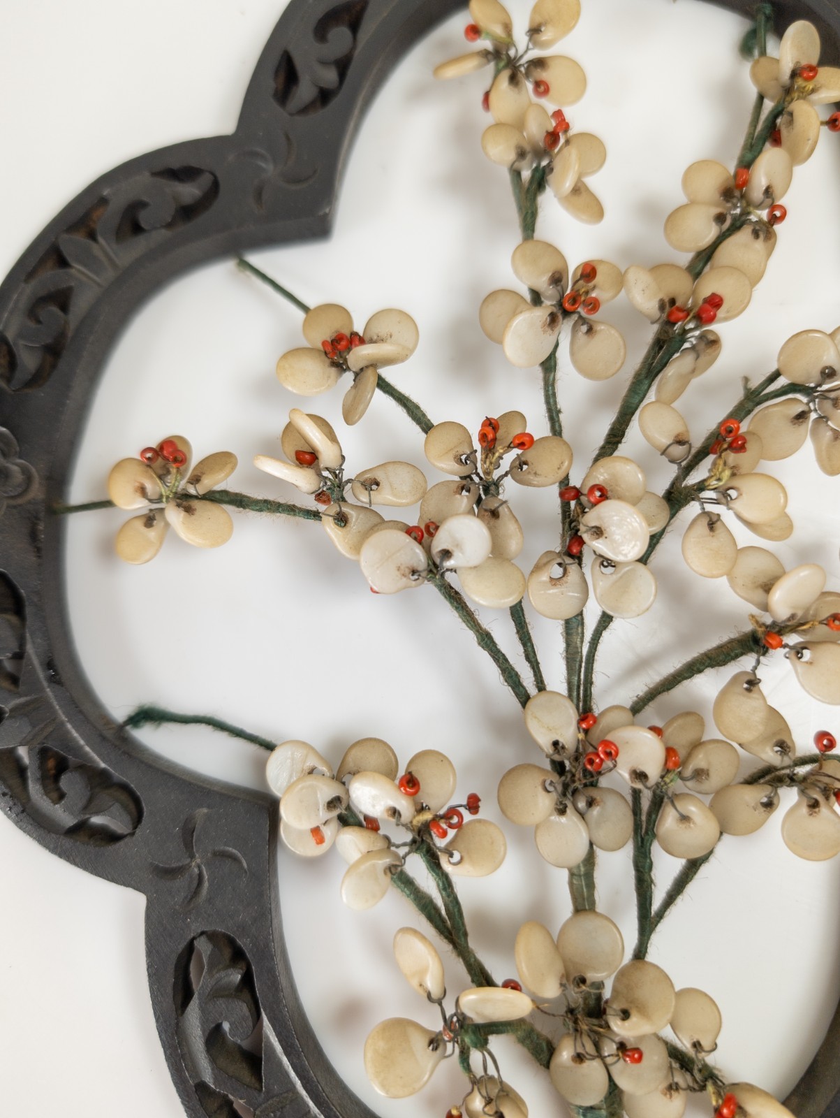Vintage Chinese Faux Jade Peking Glass Prunus Flower Wall Hanging