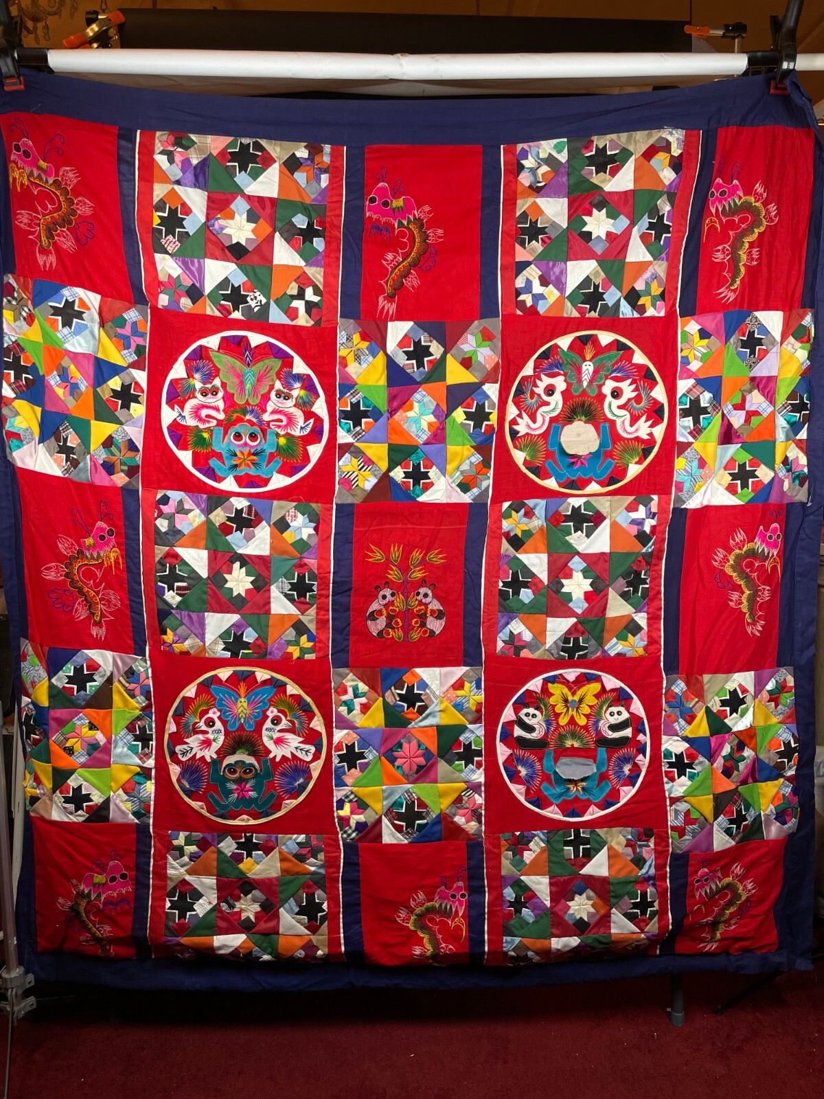 Chinese Bai Jia Bei Patchwork Quilt 62″ x 60″ double sided Frog Panda Dragon